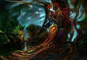 дерево, фэнтези, девушка, лес, парень, колдунья, Арт