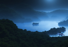 Арт, холмы, туман, острова, озеро, море, лес, ночь