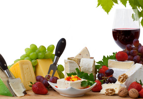 красное, клубника, вино, виноград, сыр, Бокал