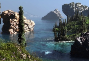 лес, море, пейзаж, скалы, klontak, цветы, холмы, Арт