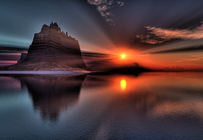 скалы, облака, вода, солнце, закат, Арт, lightdrop, пейзаж