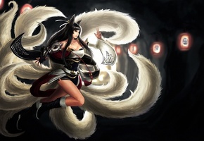 League of legends, ahri, уши, арт, хвосты, девушка, фонари
