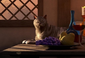 свеча, бокал, deskridge, кошка, стол, фрукты, вино, Арт, кот