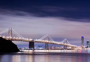 огни, мост, город, San francisco, вода, отражение, небо, река