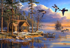 forest, flying, painting, house, sunrise, spring, ducks, Spring arrivals, lake, mary pettis