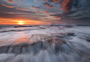 вода, небо, океан, потоки, Море, солнце, облака, камни