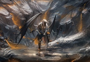 кресты, Арт, дракон, кости, воин, sakimichan, меч