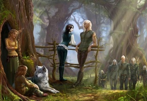 лучники, дерево, Арт, волк, перила, эльфы, лес