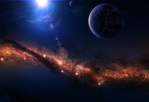 Арт, космос, звезды, планета, свечение, туманность