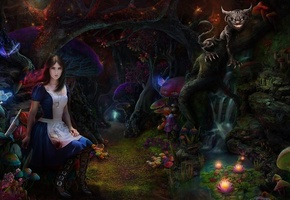 кот, грибы, лес, чеширский, Alice madness returns, девушка, арт