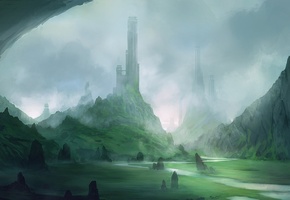 башни, камни, Арт, река, blinck, ущелье, туман, пейзаж