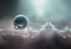 спутник, планета, космос, Арт, туманность, звезды