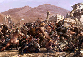 руины, монстры, кровь, амазонки, Арт, сражение, воины