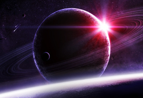 спутник, планета, гигант, звезда, кольца, Арт, космос