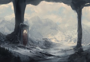 грот, дверь, портал, снег, Арт, колонны, kingcloud, зима, горы