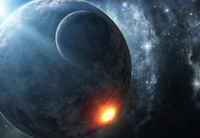 космос, Арт, звезды, взрыв, спутник, планета