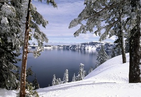 деревья, Зима, озеро, холмы, снег, лес
