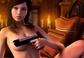 пистолет, Tomb raider, девушка, постель, подушки, lara croft