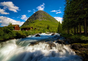 водопад, norway, гора, Valldalen, домики