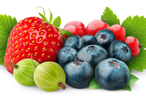Ягоды, клубника, крыжовник, красная смородина, черника
