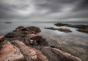 тучи, Море, серое, камни, побережье, океан, небо, берег