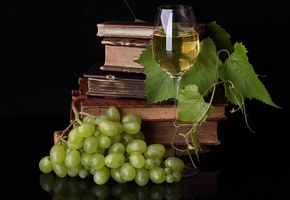 вино, стол, виноград, лиана, книги, бокал, Пища для ума