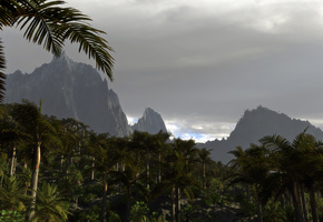 Арт, природа, горы, облака, тучи, пальмы