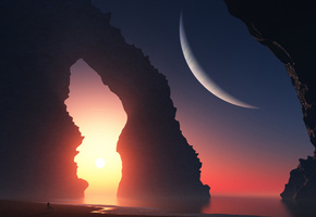 море, Арт, планета, арка, скалы, закат, девушка, пейзаж