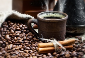 мешочек, напиток, чашка, корица, джезва, Зёрна, кофе