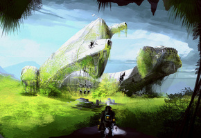 Арт, корабль, остов, зелень, prometheus, highdarktemplar, пейзаж