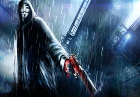 дождь, оружие, Арт, анонимус, пистолет, anonymous, v for vendetta