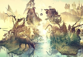 Desktopography, водопой, скалы, креатив, эмблема, олень, слон