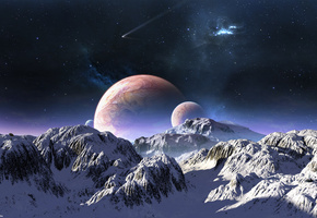 планеты, небо, звезды, горы, снег, комета, Terraspace