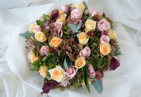 розовые, Букет, розы, композиция, цветы, желтые