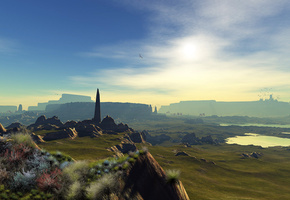 вода, пейзаж, скалы, лужи, lightdrop, Арт, облака, трава