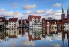 деревья, вода, городок, здания, Европа, домики