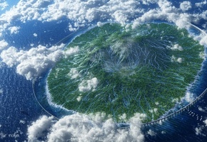 Арт, арки, облака, море, птицы, океан, остров, высота