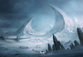 Арт, горы, конь, фэнтези, пейзаж, камни, снег, blinck, скалы