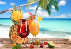 glasses, coconut, cherry, cocktail, strawberry, cocktails, melon, food, fruits, Summer