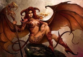 крылья, посох, демон, Арт, девушка, рога, демоница