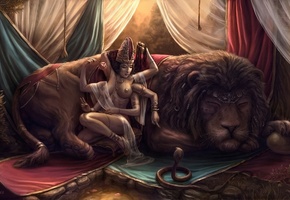 девушка, многорукая, лев, змея, кобра, яйцо, богиня, Арт