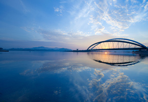 morning, city, clouds, Malaysia, bridge, малайзия, putrajaya, sunrise, strait, sky