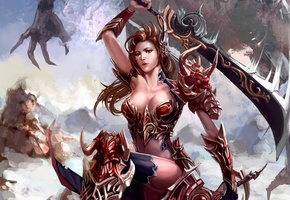 Арт, оружие, монстр, меч, девушка, xiaobotong, скалы