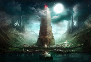 облака, луна, пристань, горы, завод, Арт, дома, башня