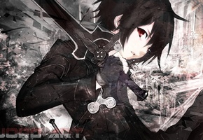 kirito, Sword art online, меч, черный плащ, взгляд, черные волосы