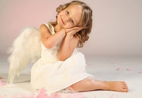 дети, ребенок, девочка, ангел, крылья, улыбка, фон, розовый