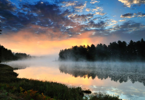 пейзаж, закат, Природа, река, лес