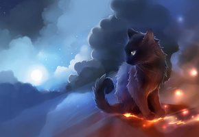 небо, луна, облака, огоньки, apofiss, Кошка, чёрная