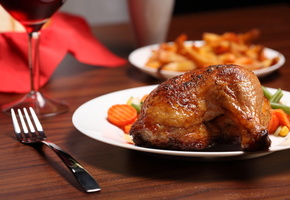 Тарелка, овощи, еда, курица, жареная, ножка