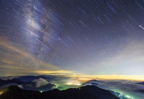 ночь, съемка, облака, вид, звезды, горы, Небо, холмы